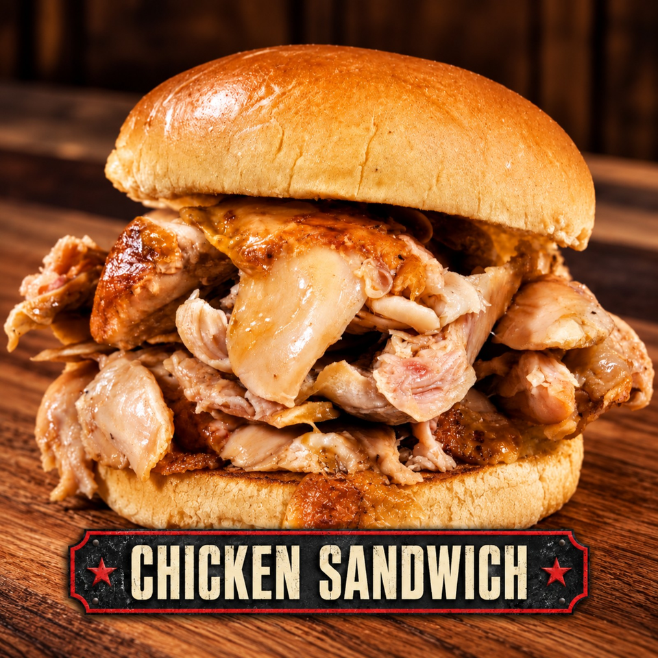 Loaded chicken sandwich with tender shredded chicken and sauce on a toasted bun, displayed on a wooden table.