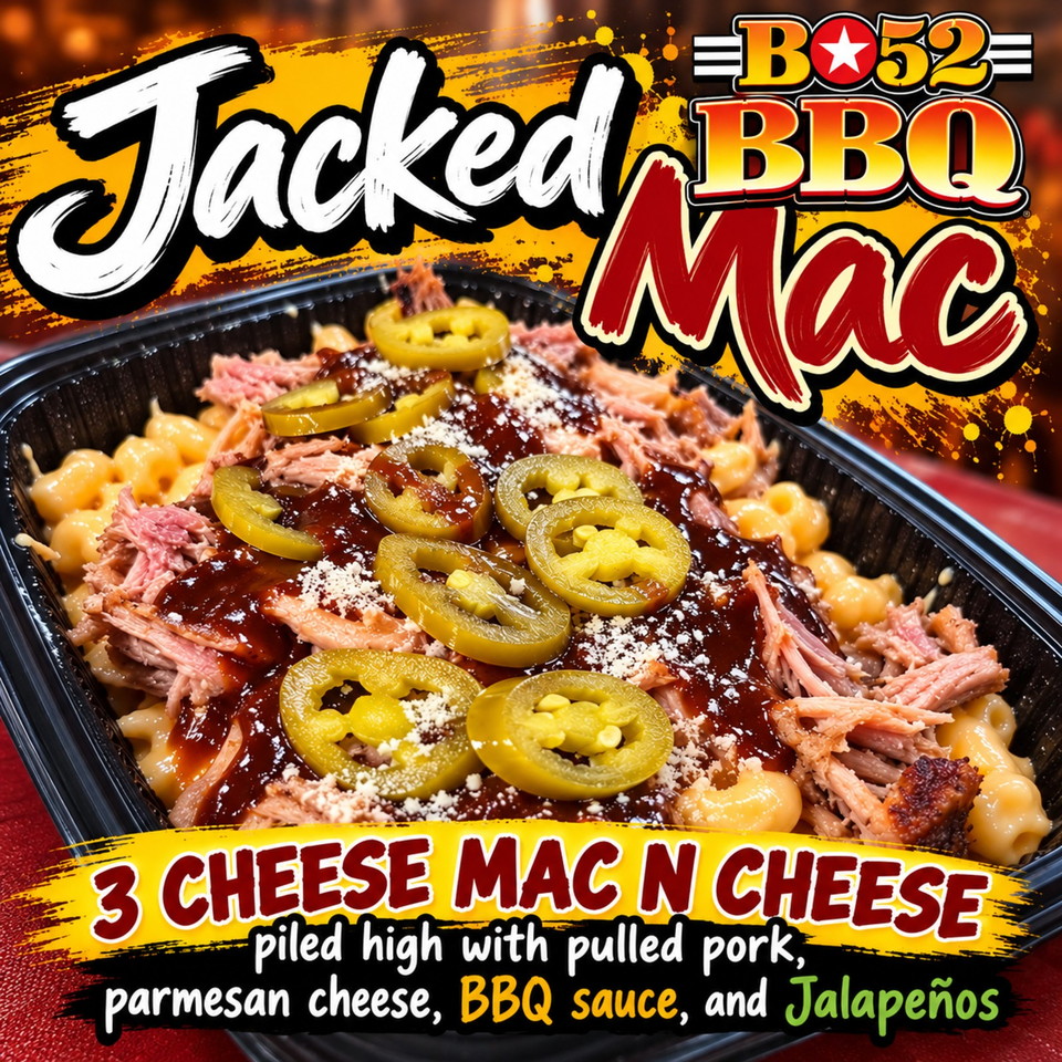 Jacked Mac 3 Cheese Mac N Cheese topped with pulled pork, barbecue sauce, parmesan, and jalapeños.