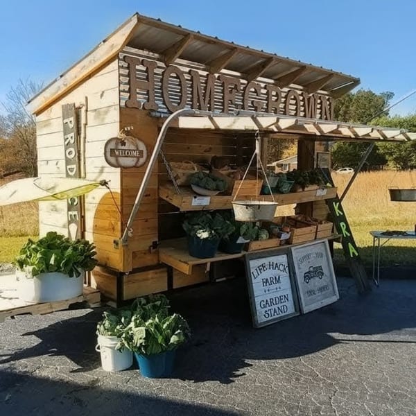 A rustic wooden farm stand with a "Homegrown" sign, selling fresh produce in buckets and baskets.