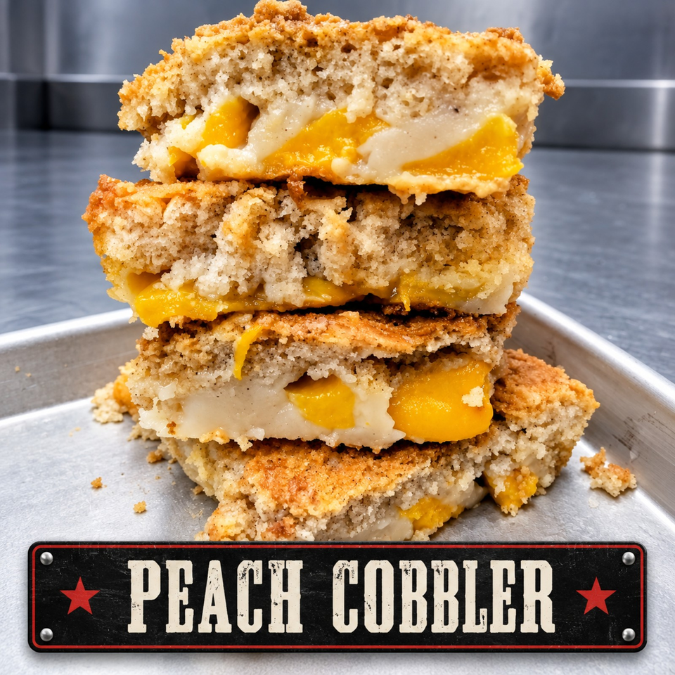 Stacked peach cobbler with golden biscuit topping and peach filling displayed on a metal tray beside a labeled sign.