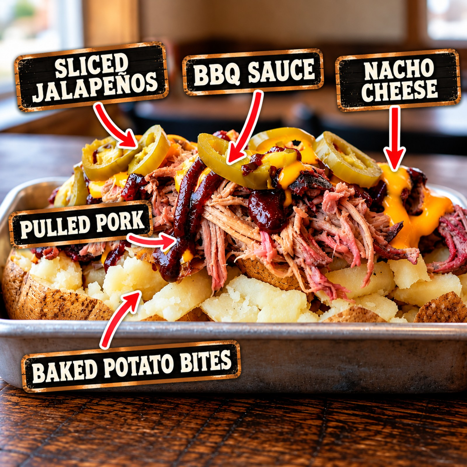 Loaded baked potatoes topped with pulled pork, sliced jalapeños, barbecue sauce, nacho cheese, and baked potato bites.
